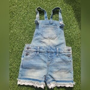 Cat & Jack Light Blue Denim Short Overalls with White Lace Trim
